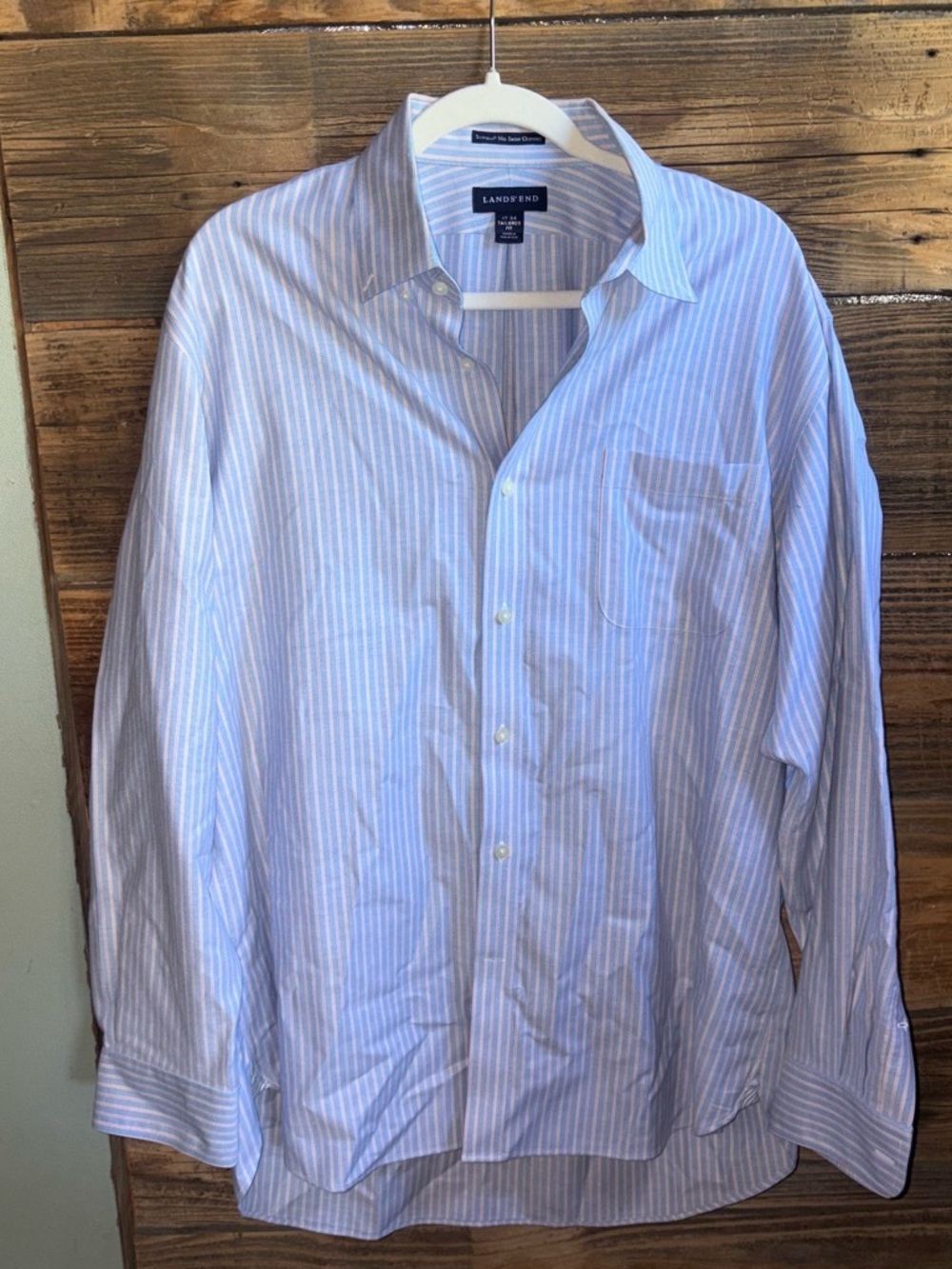 Lands' End Men’s Light Blue and Red-Orange Stripe Dress Shirt